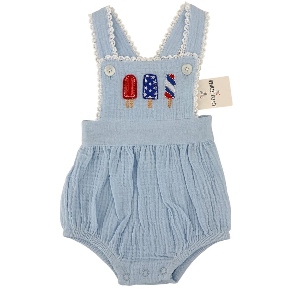 Adventure Wear 360 Baby Girl Sz 6M Blue Patriotic Popsicle Bubble Romper USA